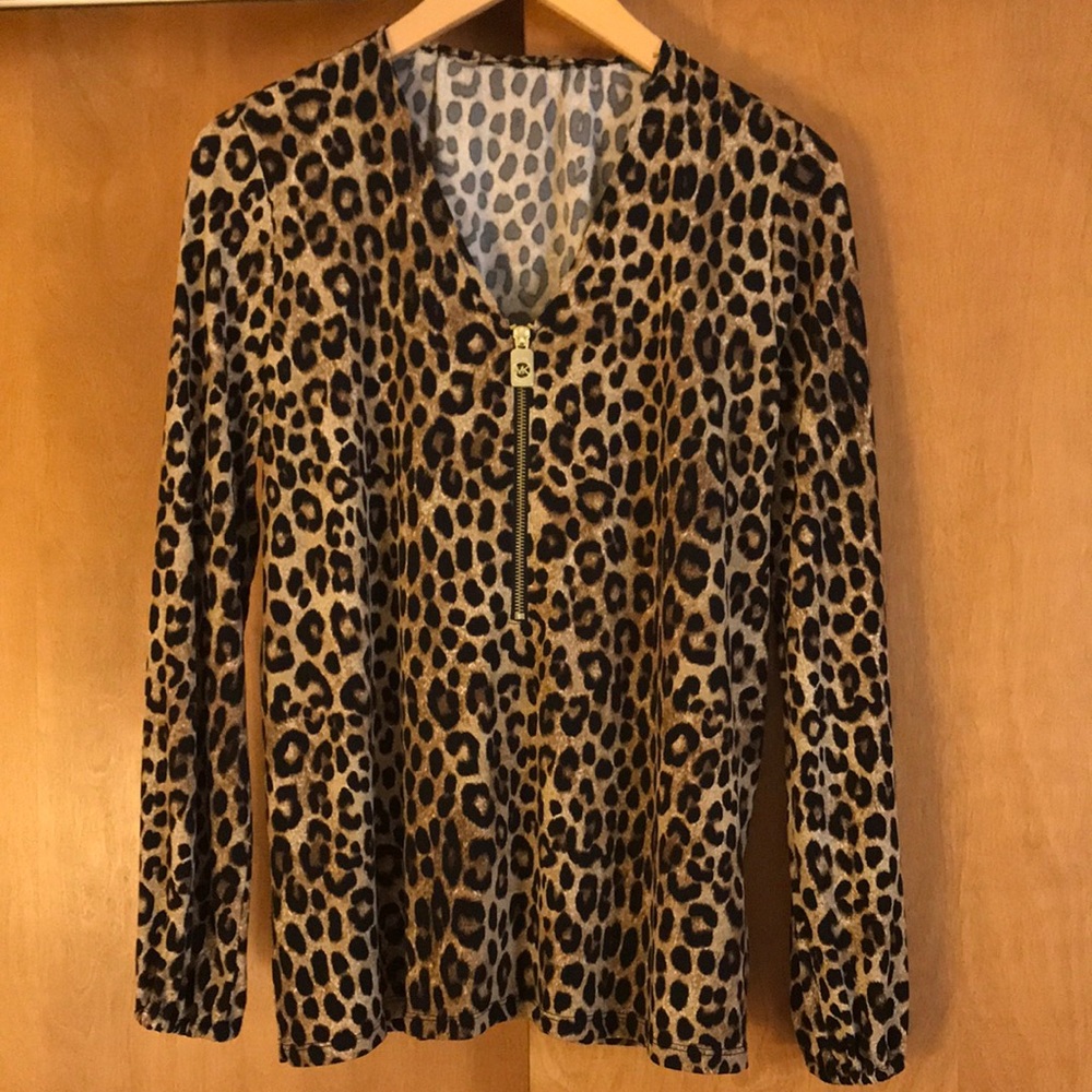 MICHAEL KOHRS Leopard Animal Print quarter zip soft blouse size Medium